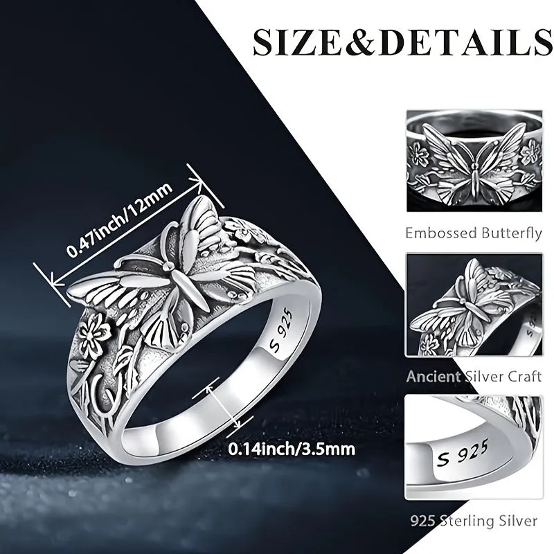 S925 Pure Silver Butterfly Flower Ring Retro Style for Daily Wear and Parties