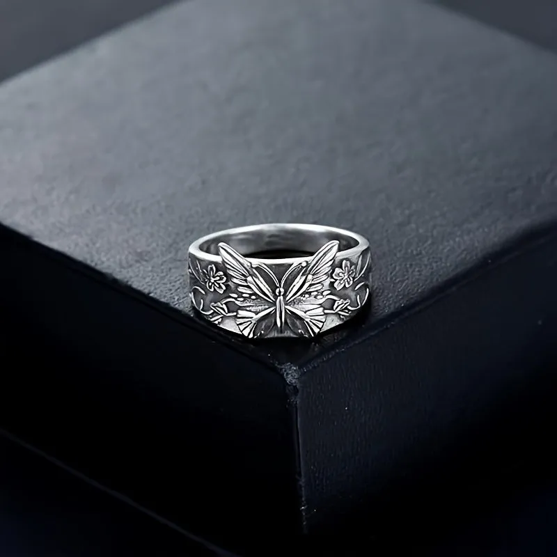 S925 Pure Silver Butterfly Flower Ring Retro Style for Daily Wear and Parties