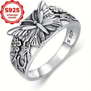 S925 Pure Silver Butterfly Flower Ring Retro Style for Daily Wear and Parties