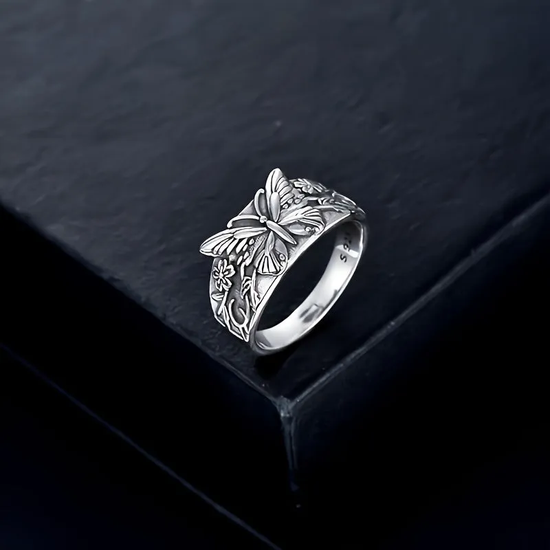 S925 Pure Silver Butterfly Flower Ring Retro Style for Daily Wear and Parties