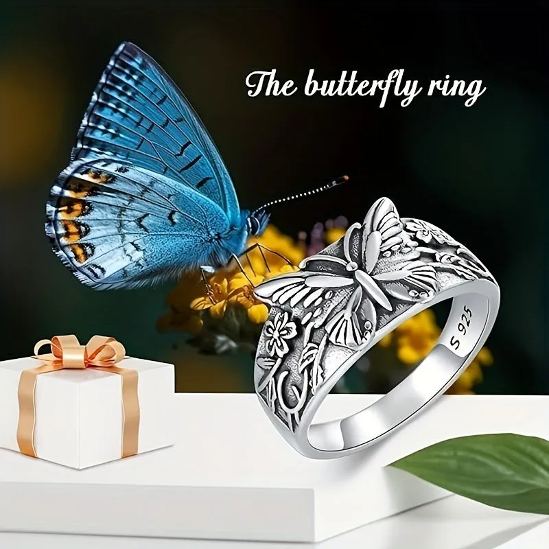 S925 Pure Silver Butterfly Flower Ring Retro Style for Daily Wear and Parties