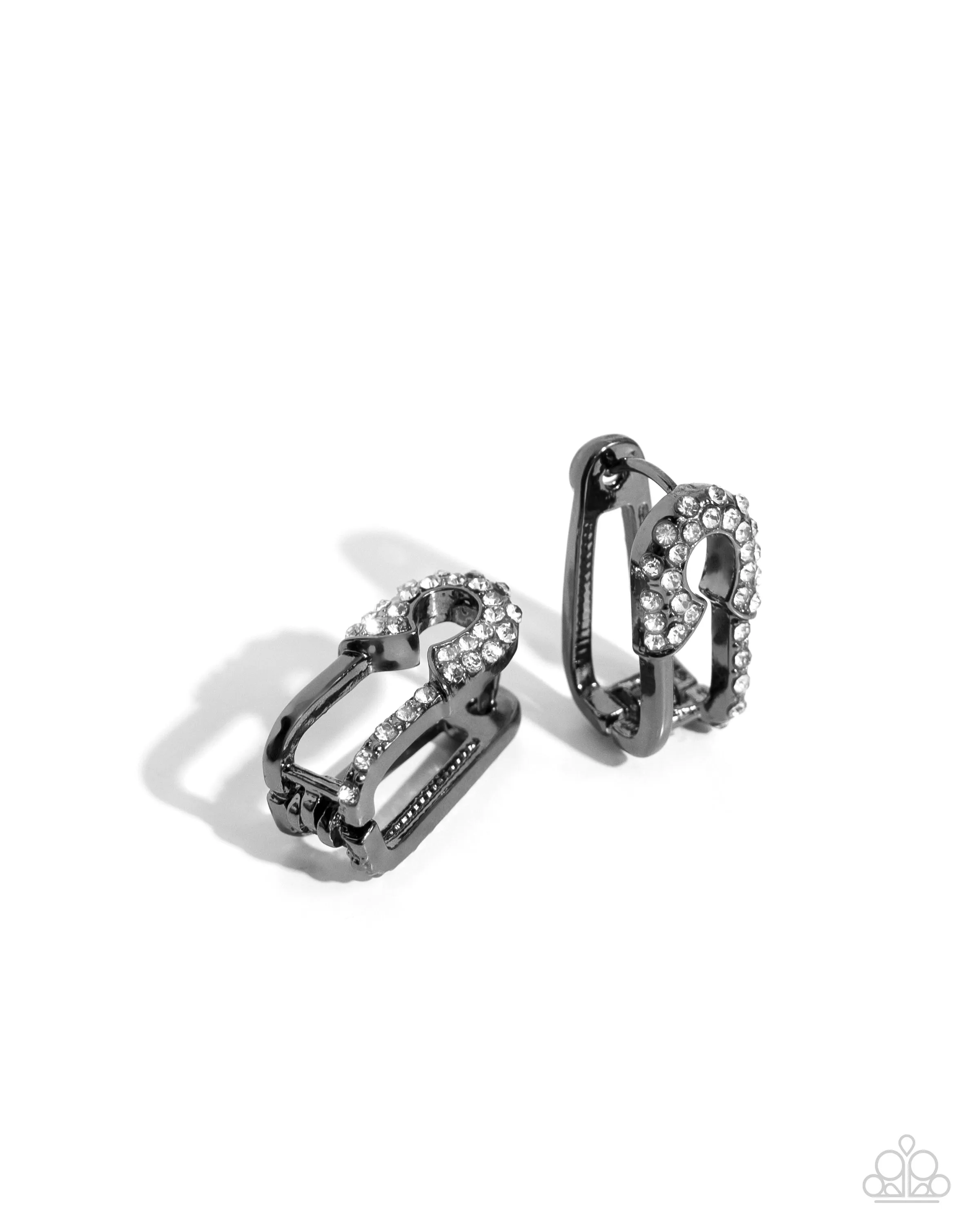Safety Pin Secret - Black - White Rhinestone Gunmetal Paparazzi Hinge Hoop Earrings