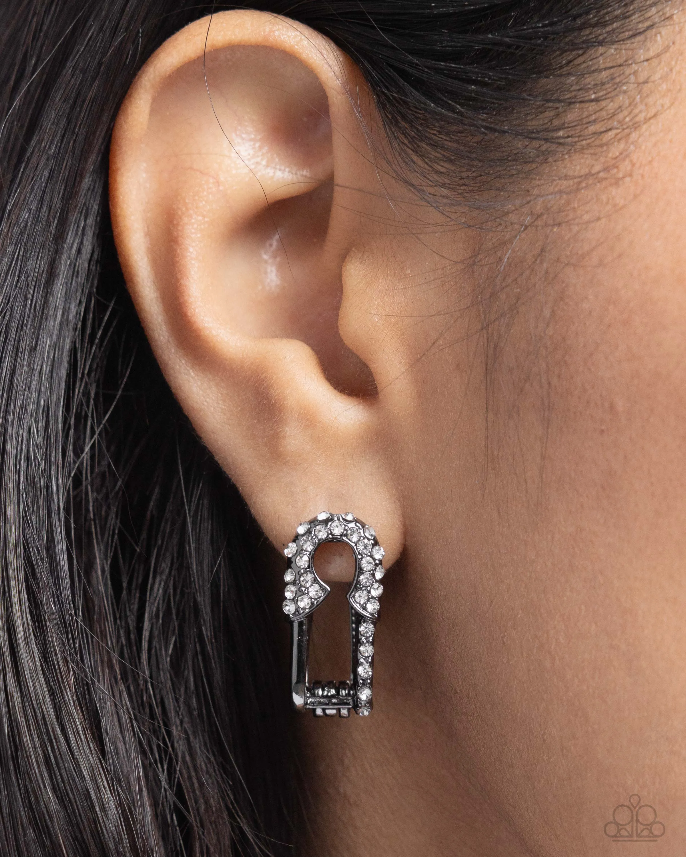 Safety Pin Secret - Black - White Rhinestone Gunmetal Paparazzi Hinge Hoop Earrings