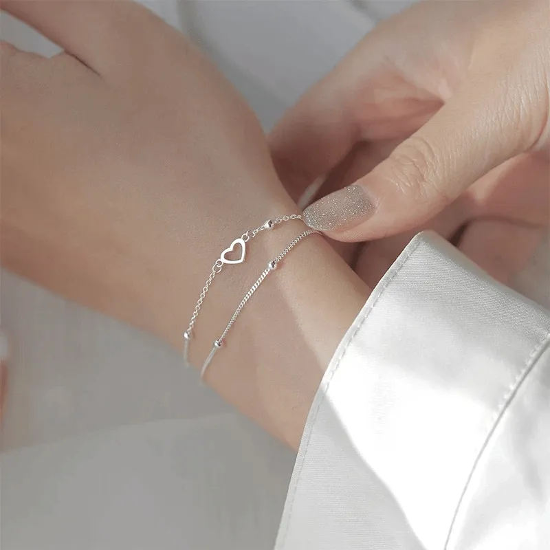 Silver Double Chain Heart Bracelet with Adjustable Size