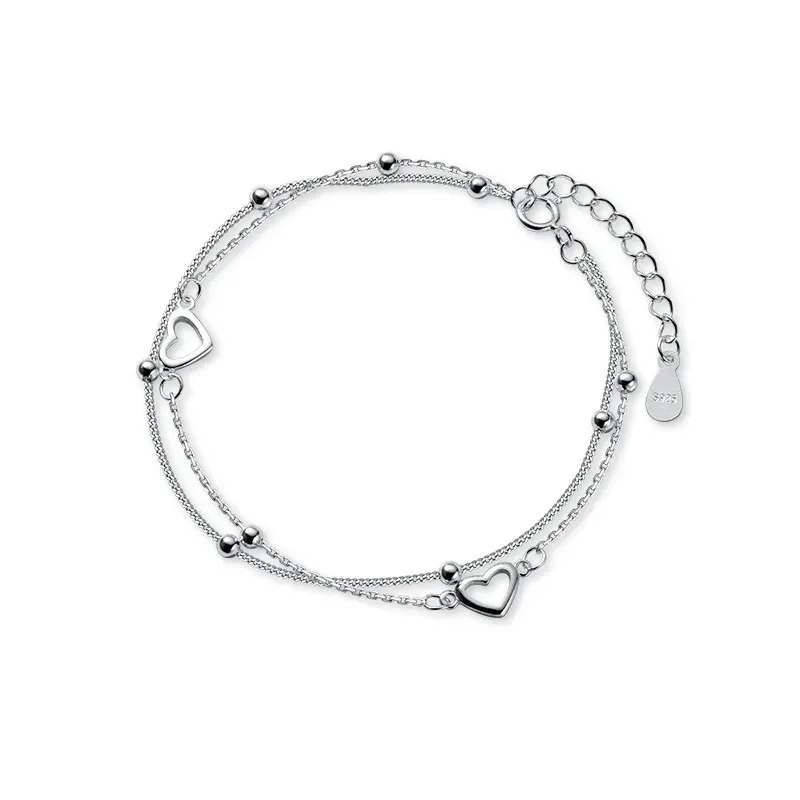 Silver Double Chain Heart Bracelet with Adjustable Size