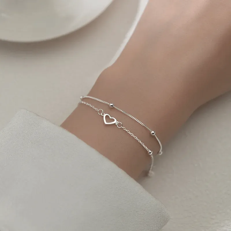 Silver Double Chain Heart Bracelet with Adjustable Size