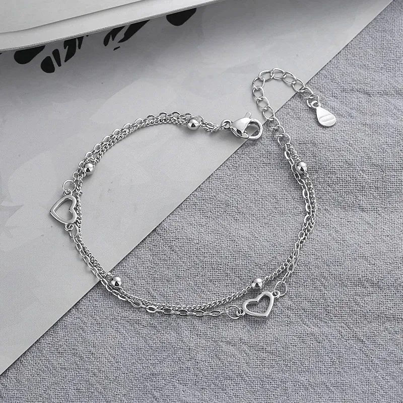 Silver Double Chain Heart Bracelet with Adjustable Size