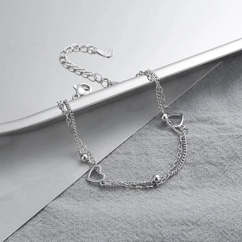 Silver Double Chain Heart Bracelet with Adjustable Size