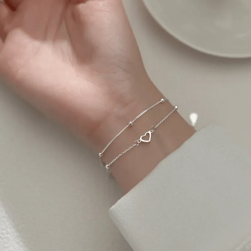 Silver Double Chain Heart Bracelet with Adjustable Size