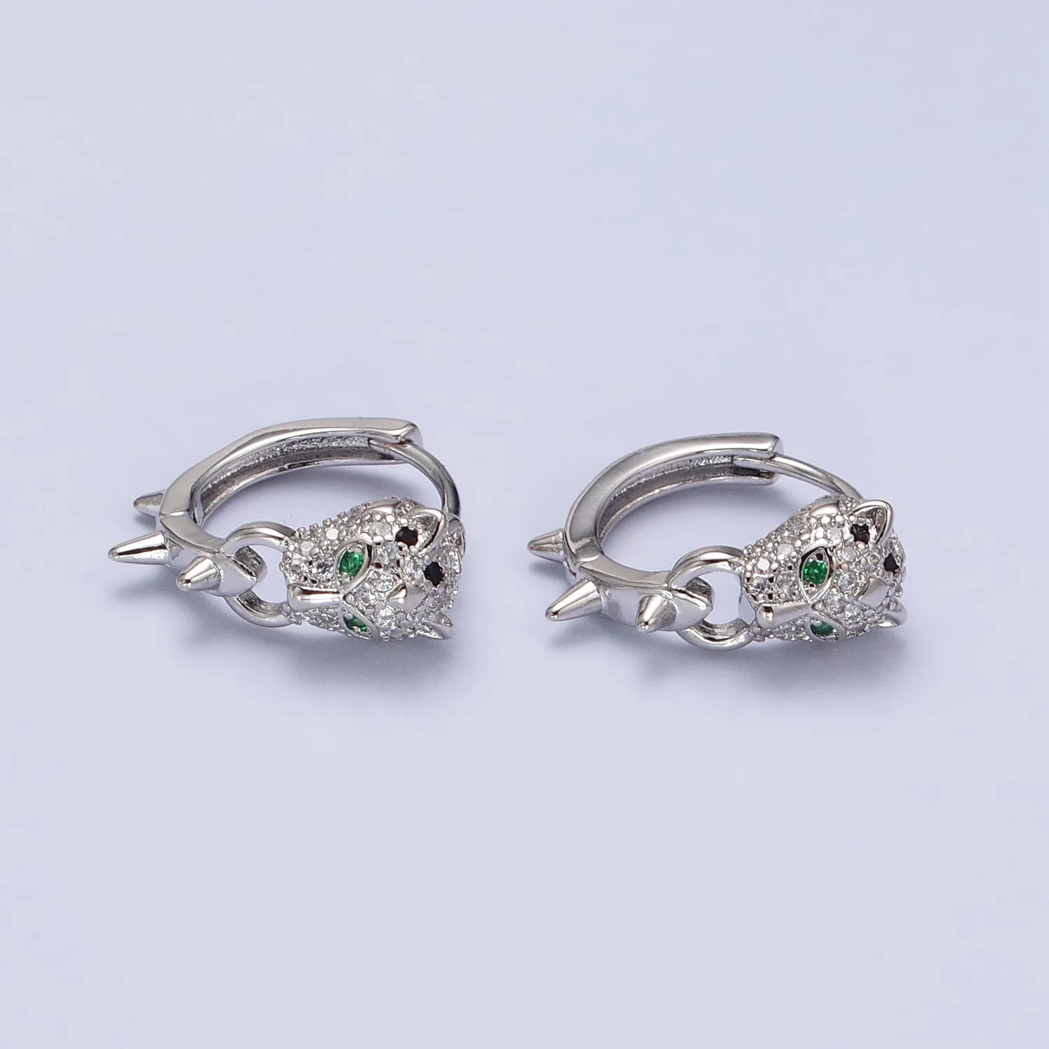 Silver, Gold 16mm Green-Eyed Panther Leopard Spiked Huggie Earrings | AB382 AB523