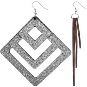 Silver Triple Wooden Glitter Earrings