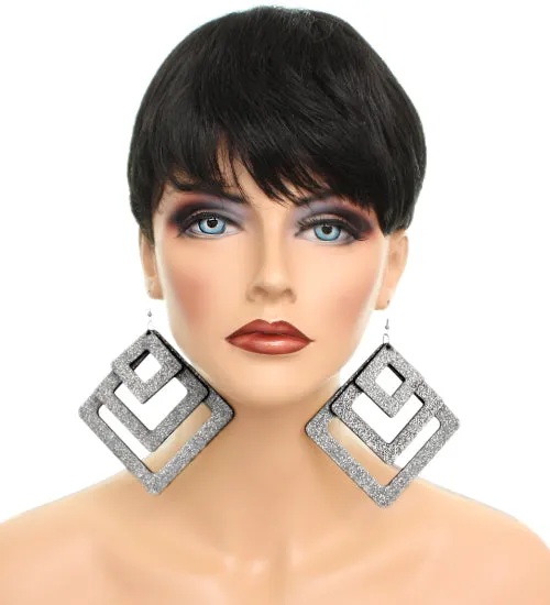 Silver Triple Wooden Glitter Earrings