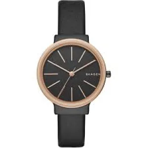 Skagen Ancher Black Leather Strap Black Dial Quartz Watch for Ladies- SKW-2480