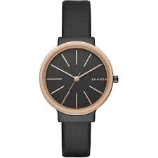 Skagen Ancher Black Leather Strap Black Dial Quartz Watch for Ladies- SKW-2480