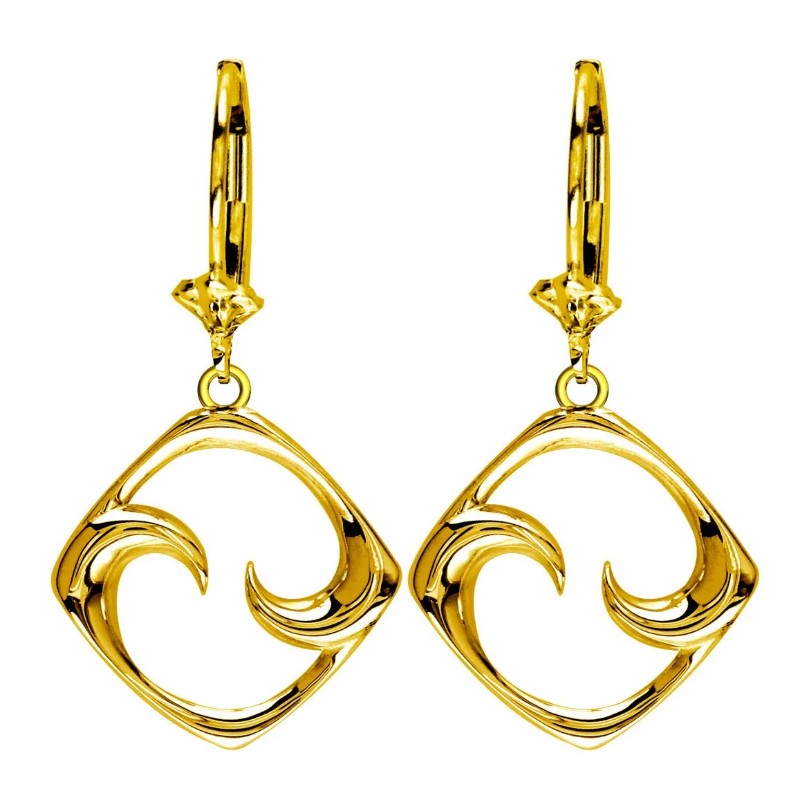 Small Diamond Shape Maori Koru New Beginning Earrings with Two Fernlings,14mm in 14K yellow gold