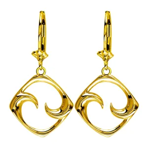 Small Diamond Shape Maori Koru New Beginning Earrings with Two Fernlings,14mm in 14K yellow gold