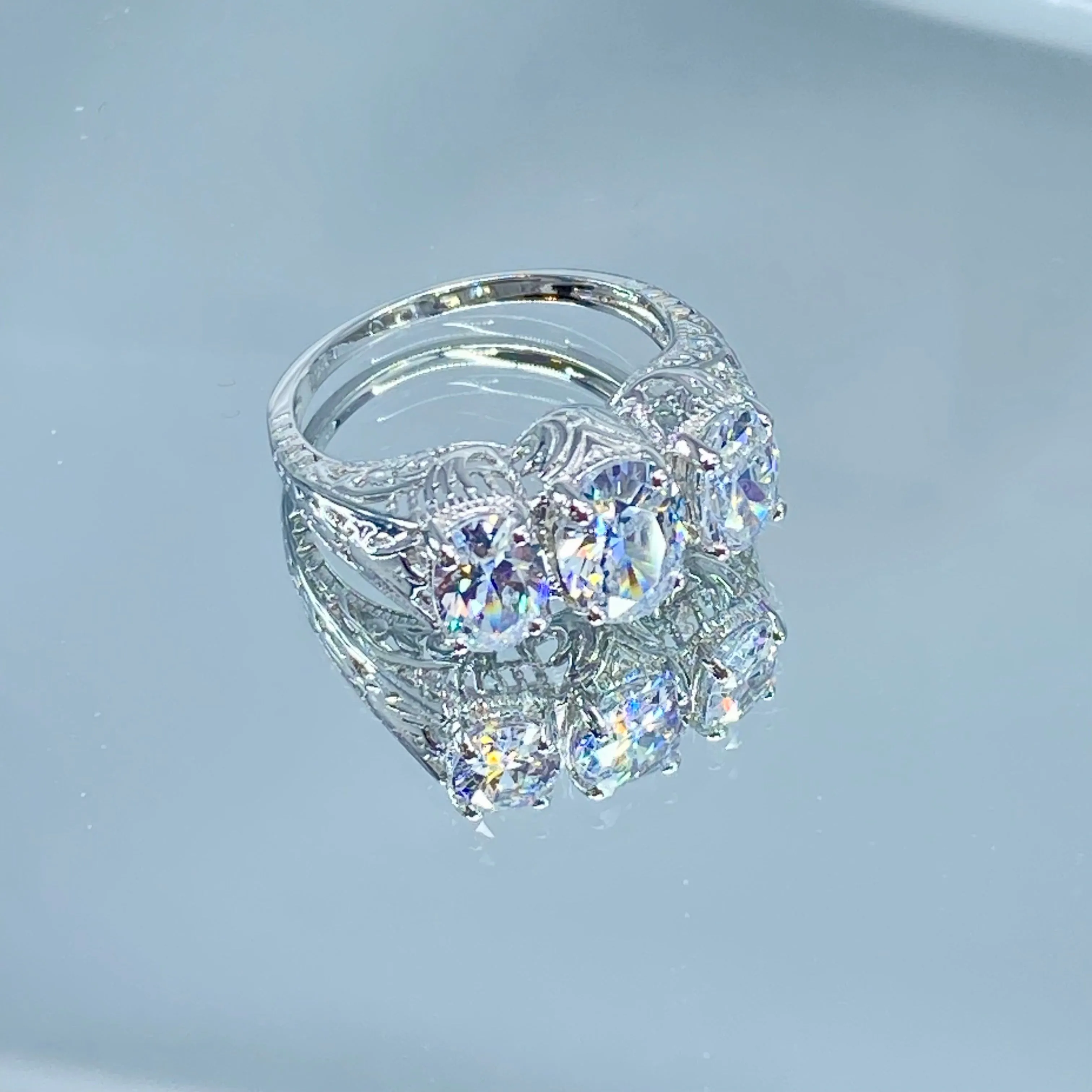 Sparkling Trinity Ring, Natural White Topaz or CZ, 3 Gem Retro Jewelry #D41