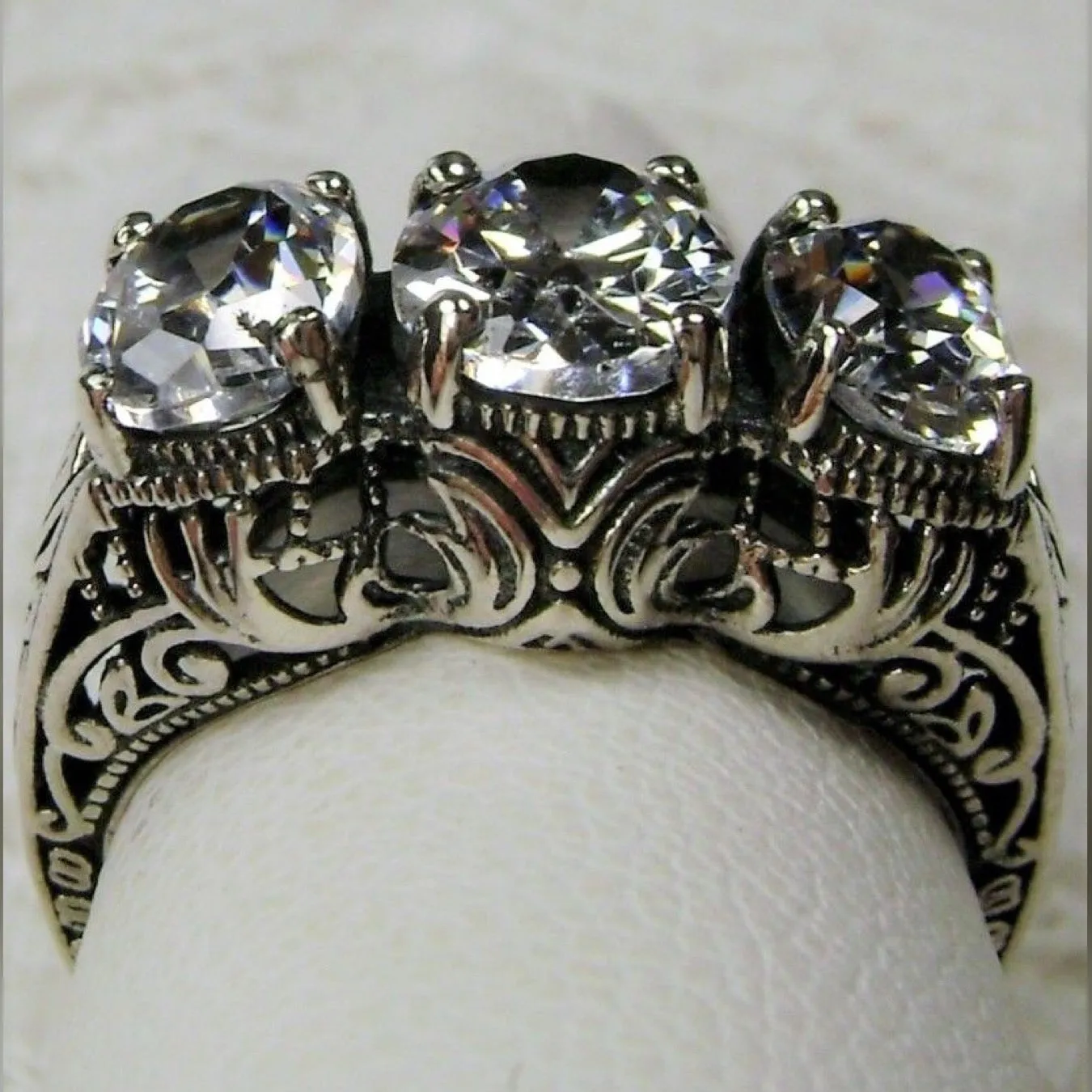 Sparkling Trinity Ring, Natural White Topaz or CZ, 3 Gem Retro Jewelry #D41
