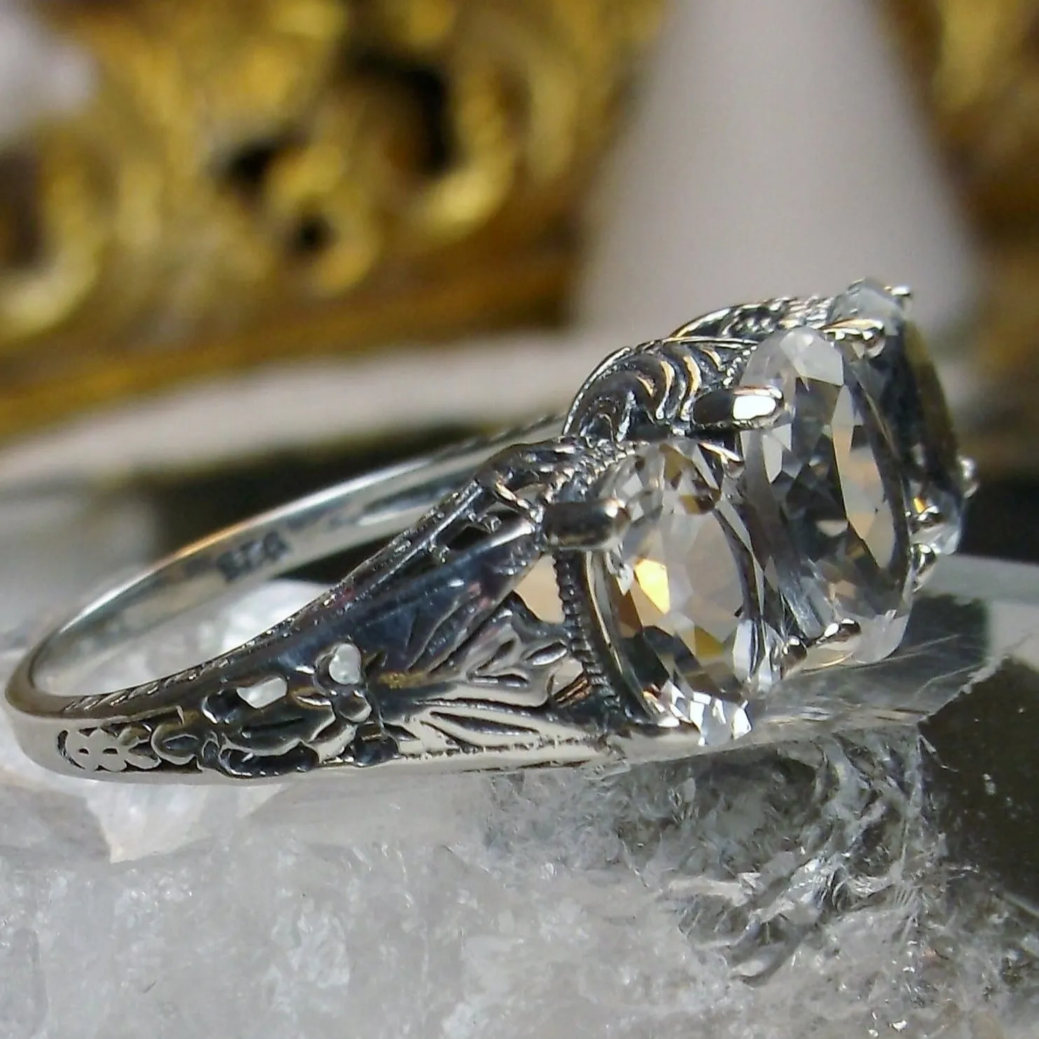 Sparkling Trinity Ring, Natural White Topaz or CZ, 3 Gem Retro Jewelry #D41