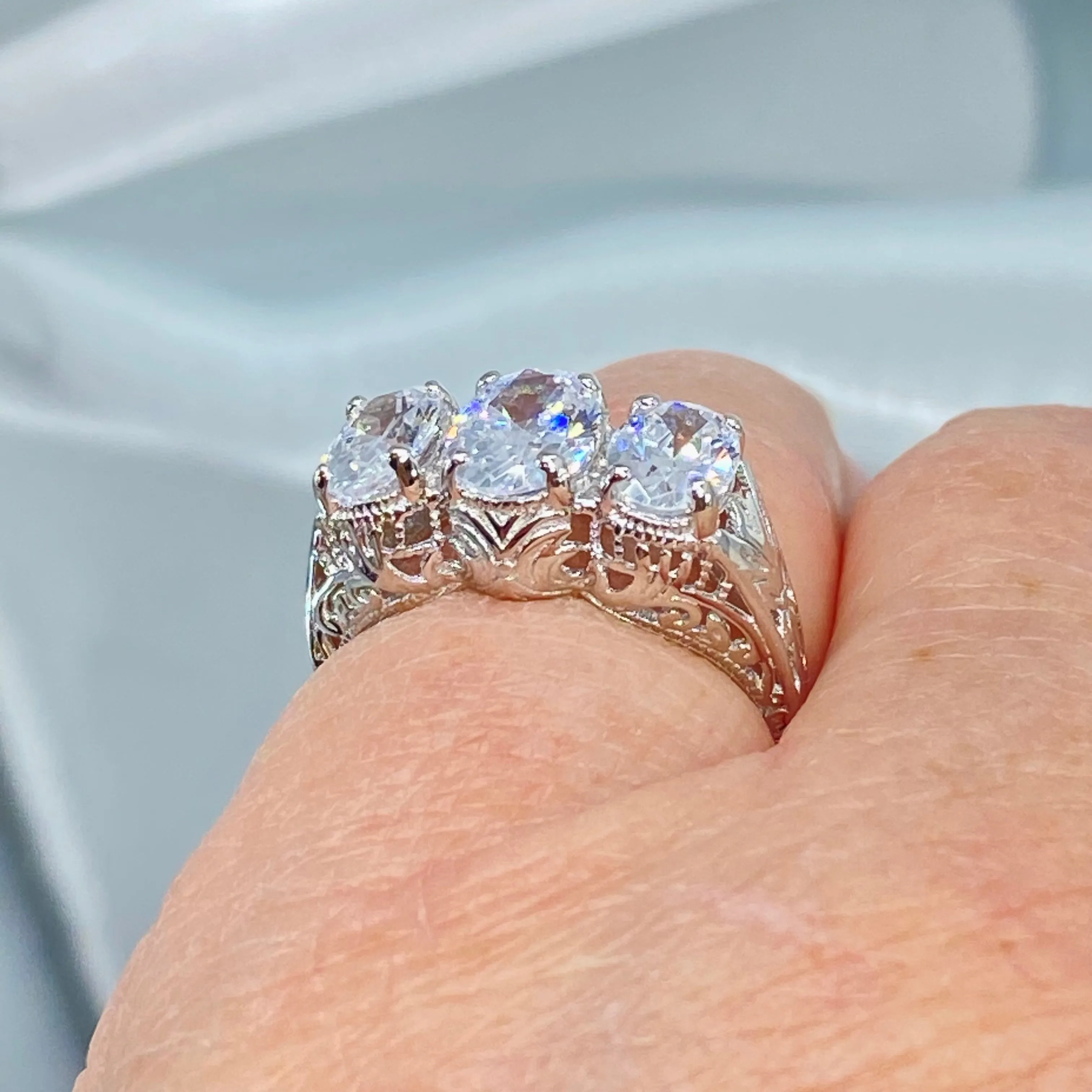 Sparkling Trinity Ring, Natural White Topaz or CZ, 3 Gem Retro Jewelry #D41