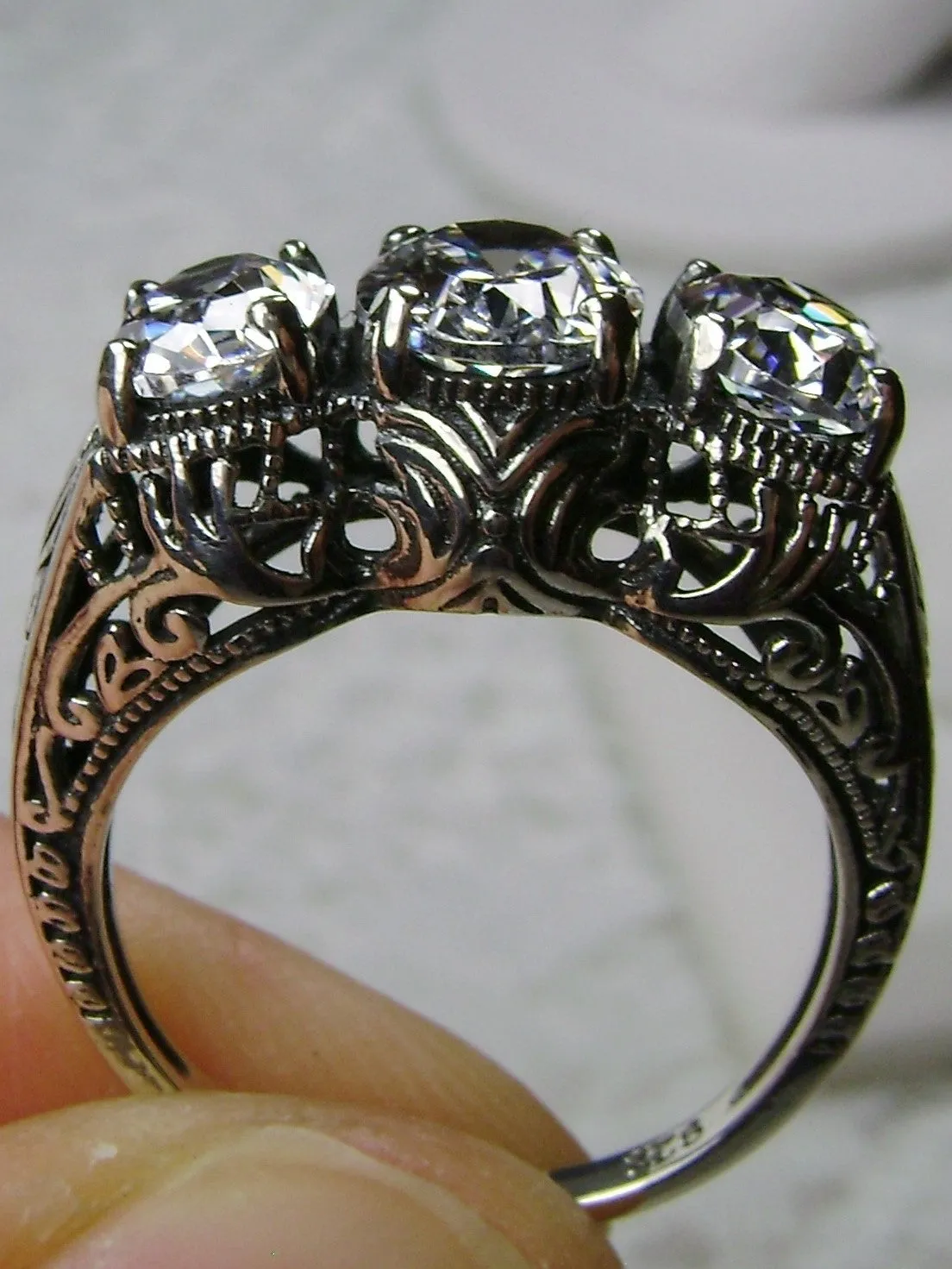 Sparkling Trinity Ring, Natural White Topaz or CZ, 3 Gem Retro Jewelry #D41