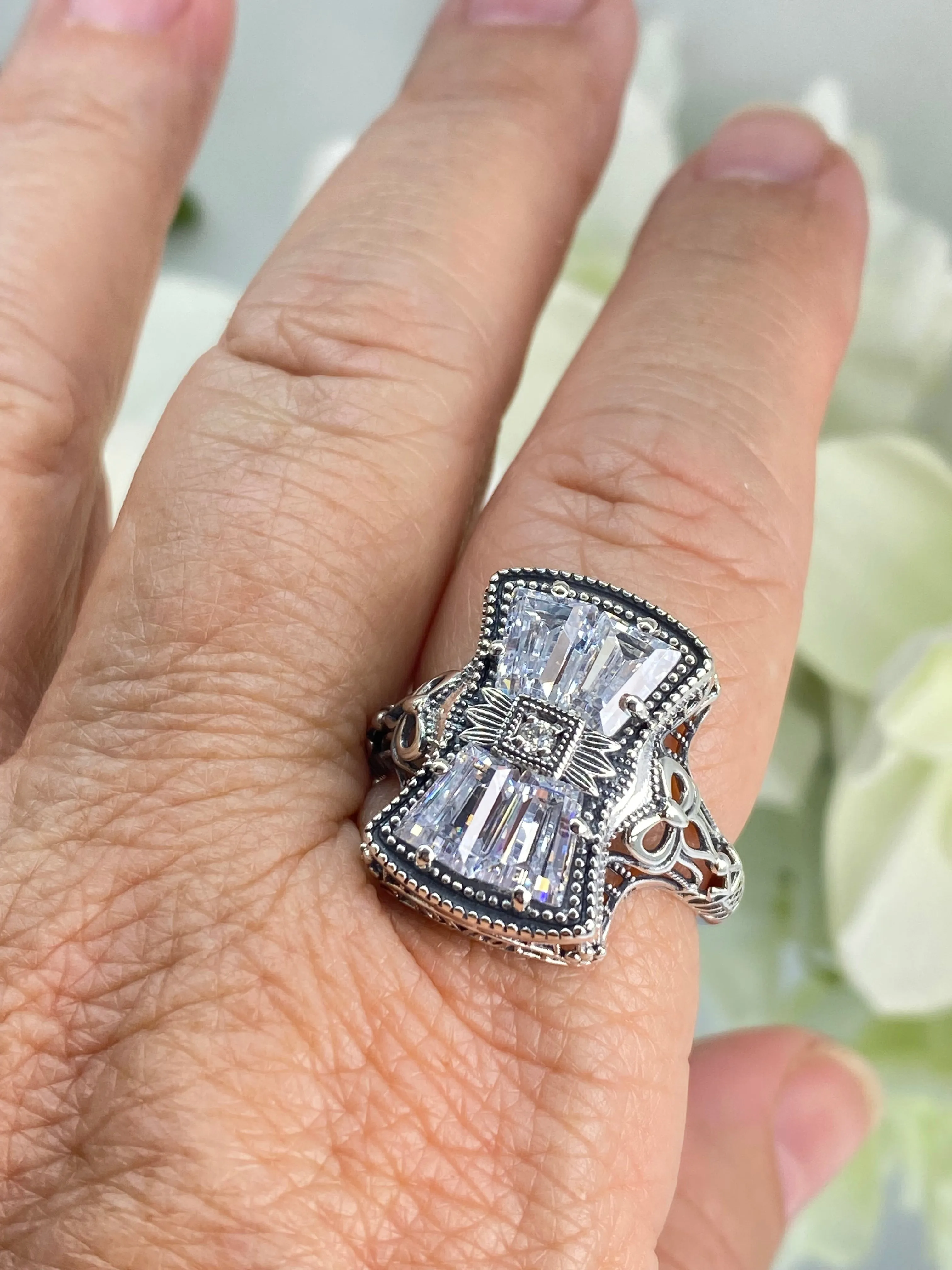 Sparkling White CZ Ring, Size 9, Versailles Sterling Silver Bow, Baguette CZ & Moissanite inset Ring, Baroque Jewelry D595 - Ready to Ship