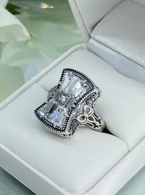 Sparkling White CZ Ring, Size 9, Versailles Sterling Silver Bow, Baguette CZ & Moissanite inset Ring, Baroque Jewelry D595 - Ready to Ship