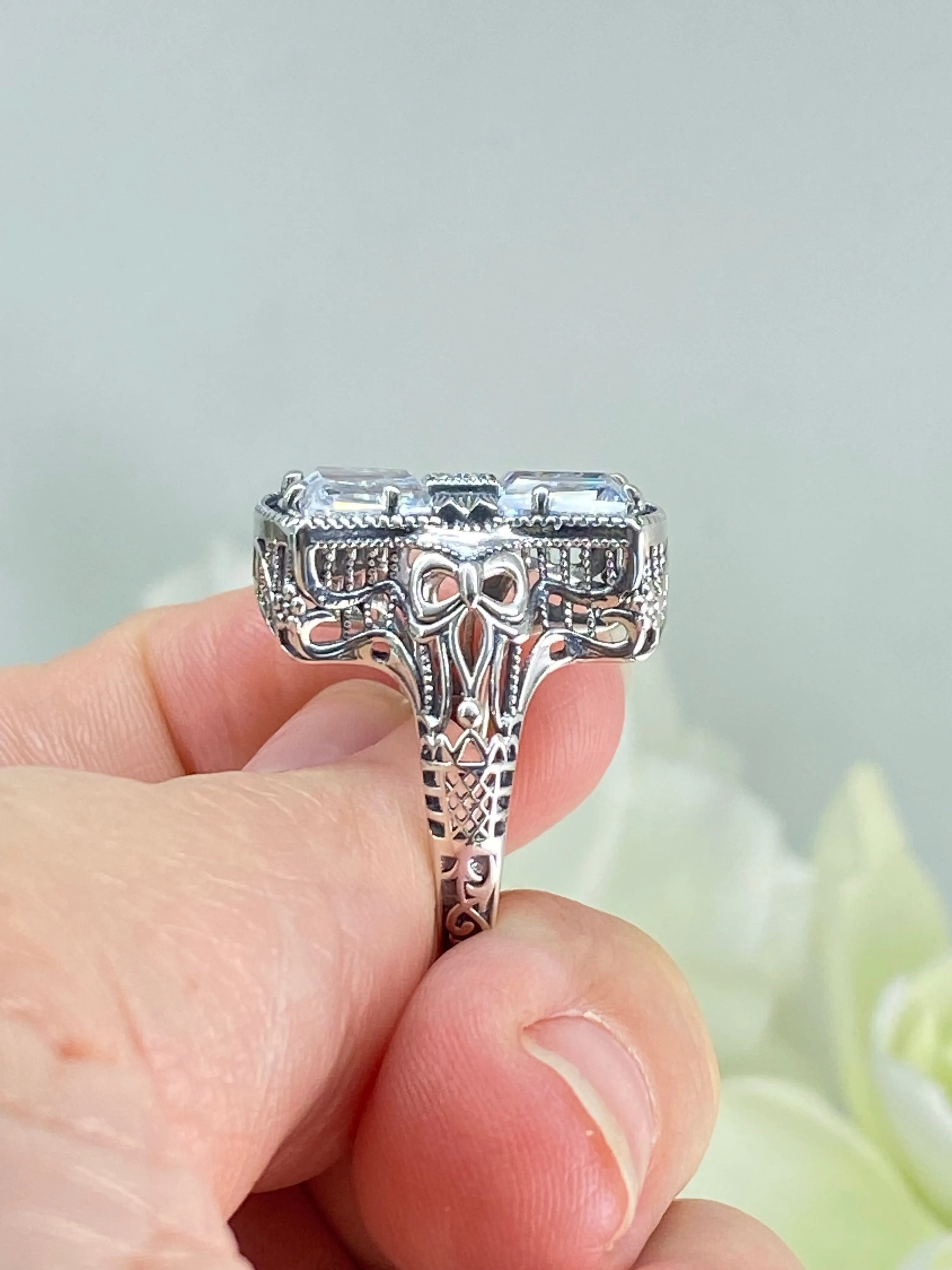 Sparkling White CZ Ring, Size 9, Versailles Sterling Silver Bow, Baguette CZ & Moissanite inset Ring, Baroque Jewelry D595 - Ready to Ship