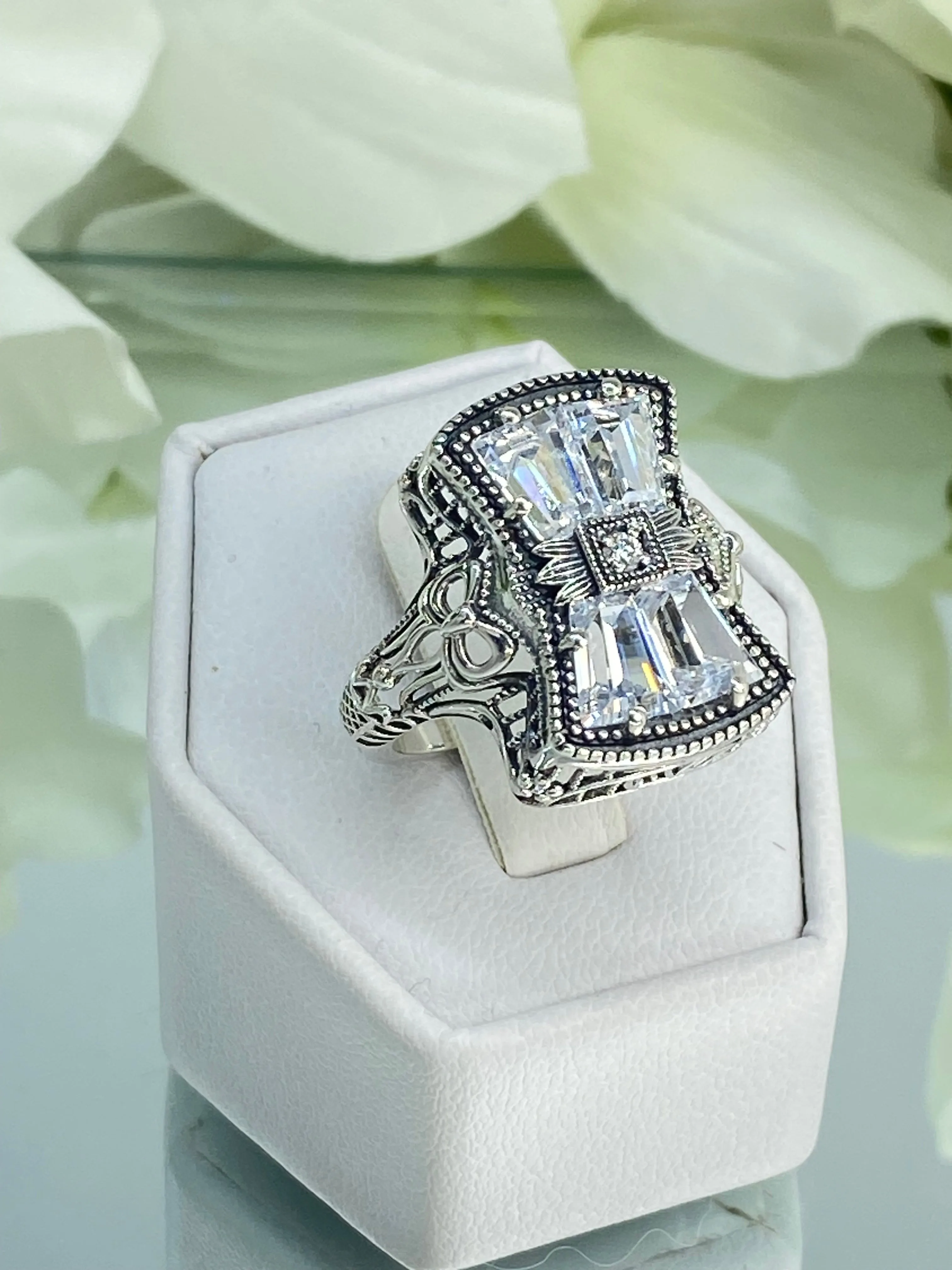 Sparkling White CZ Ring, Size 9, Versailles Sterling Silver Bow, Baguette CZ & Moissanite inset Ring, Baroque Jewelry D595 - Ready to Ship