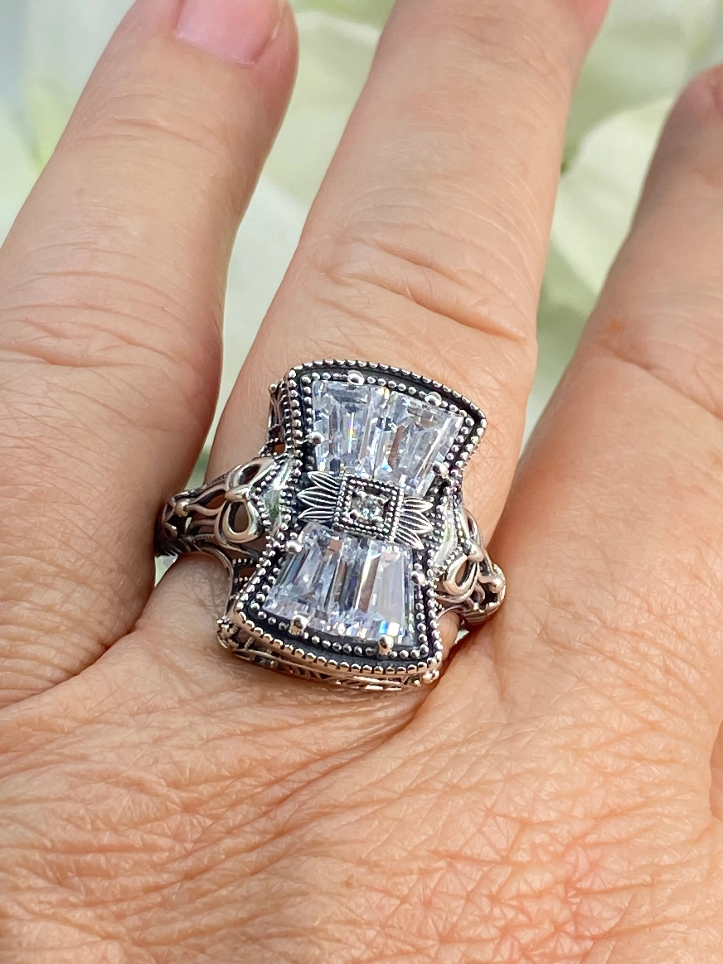 Sparkling White CZ Ring, Size 9, Versailles Sterling Silver Bow, Baguette CZ & Moissanite inset Ring, Baroque Jewelry D595 - Ready to Ship