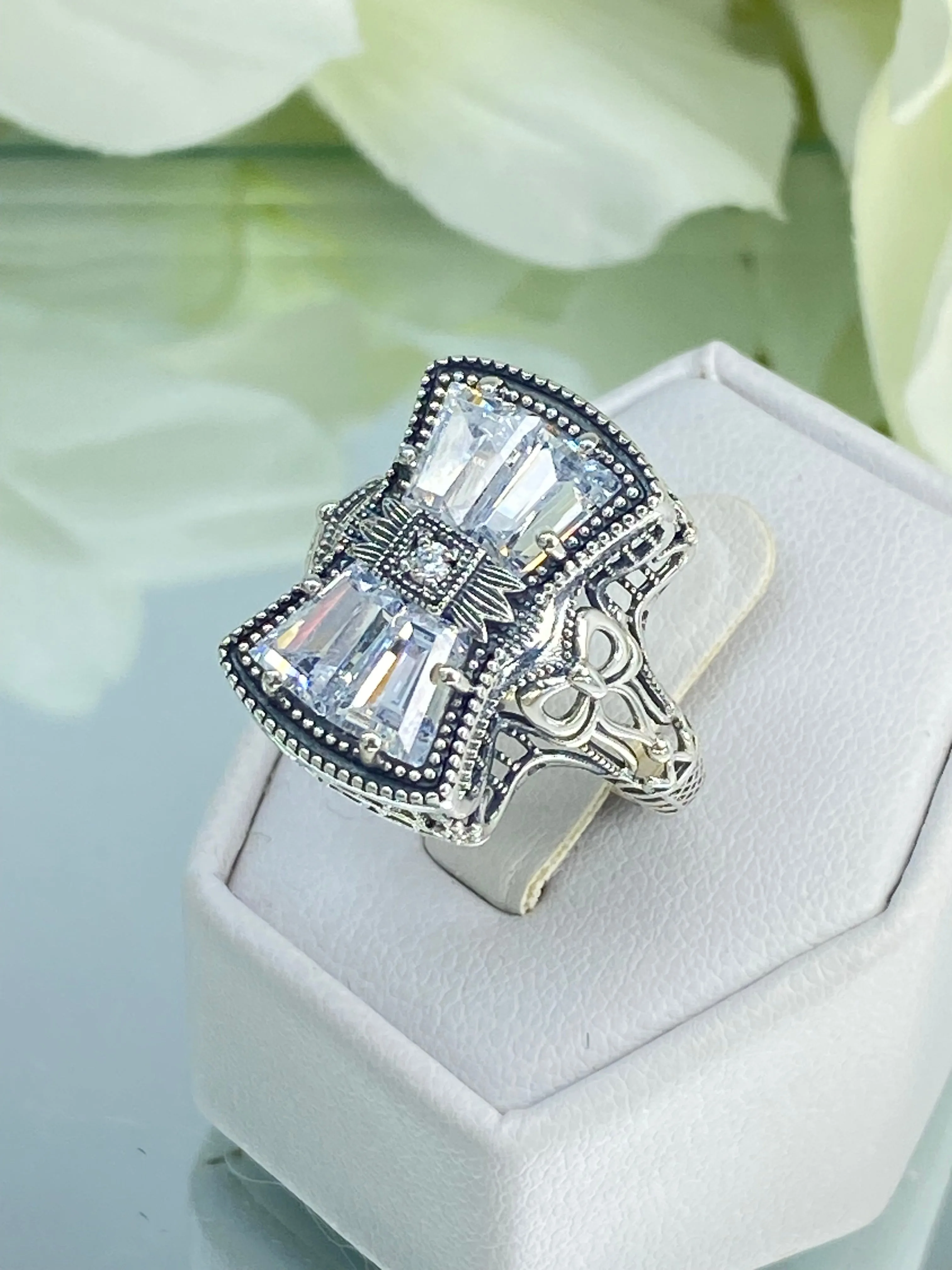 Sparkling White CZ Ring, Size 9, Versailles Sterling Silver Bow, Baguette CZ & Moissanite inset Ring, Baroque Jewelry D595 - Ready to Ship