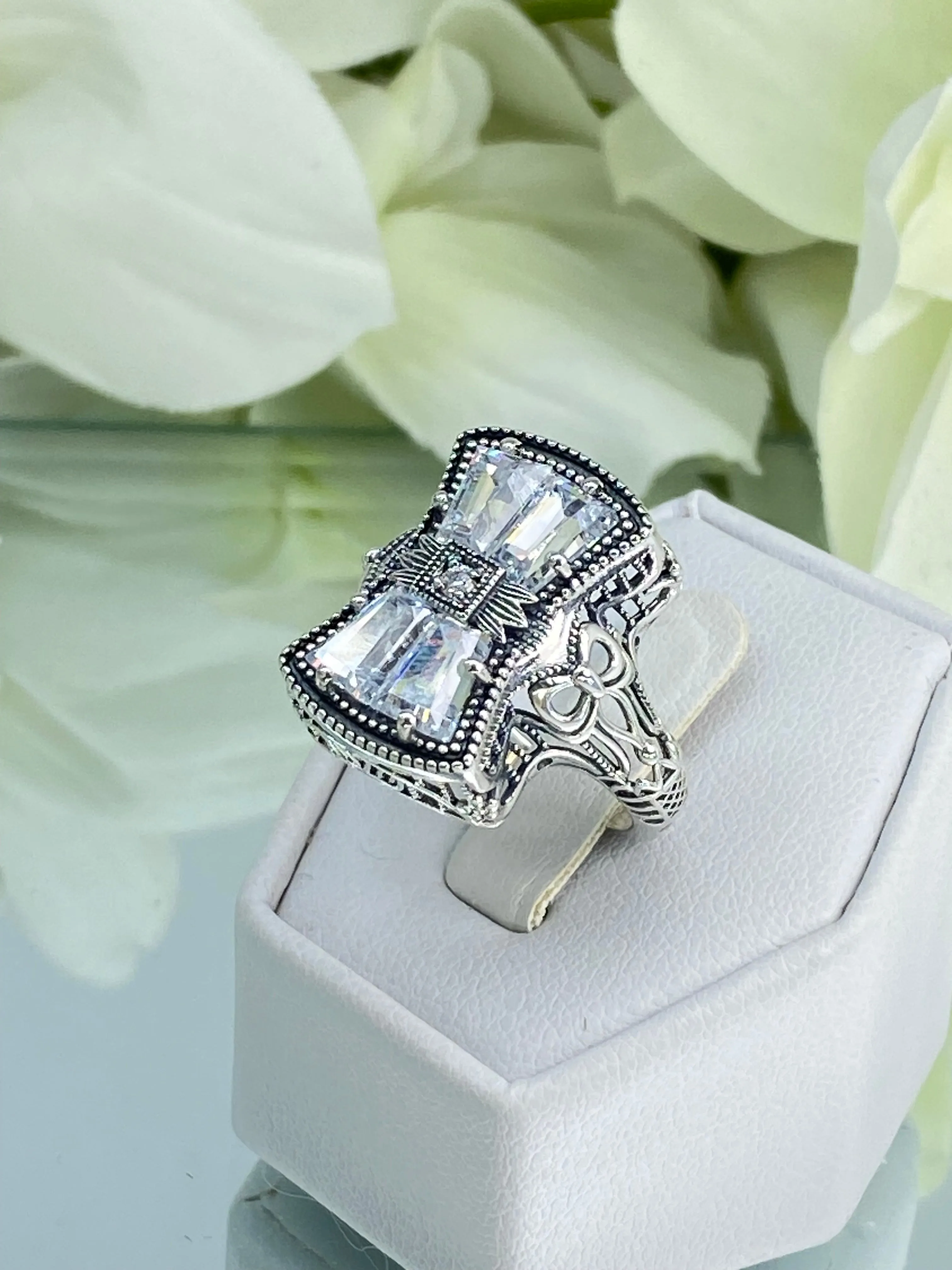 Sparkling White CZ Ring, Size 9, Versailles Sterling Silver Bow, Baguette CZ & Moissanite inset Ring, Baroque Jewelry D595 - Ready to Ship