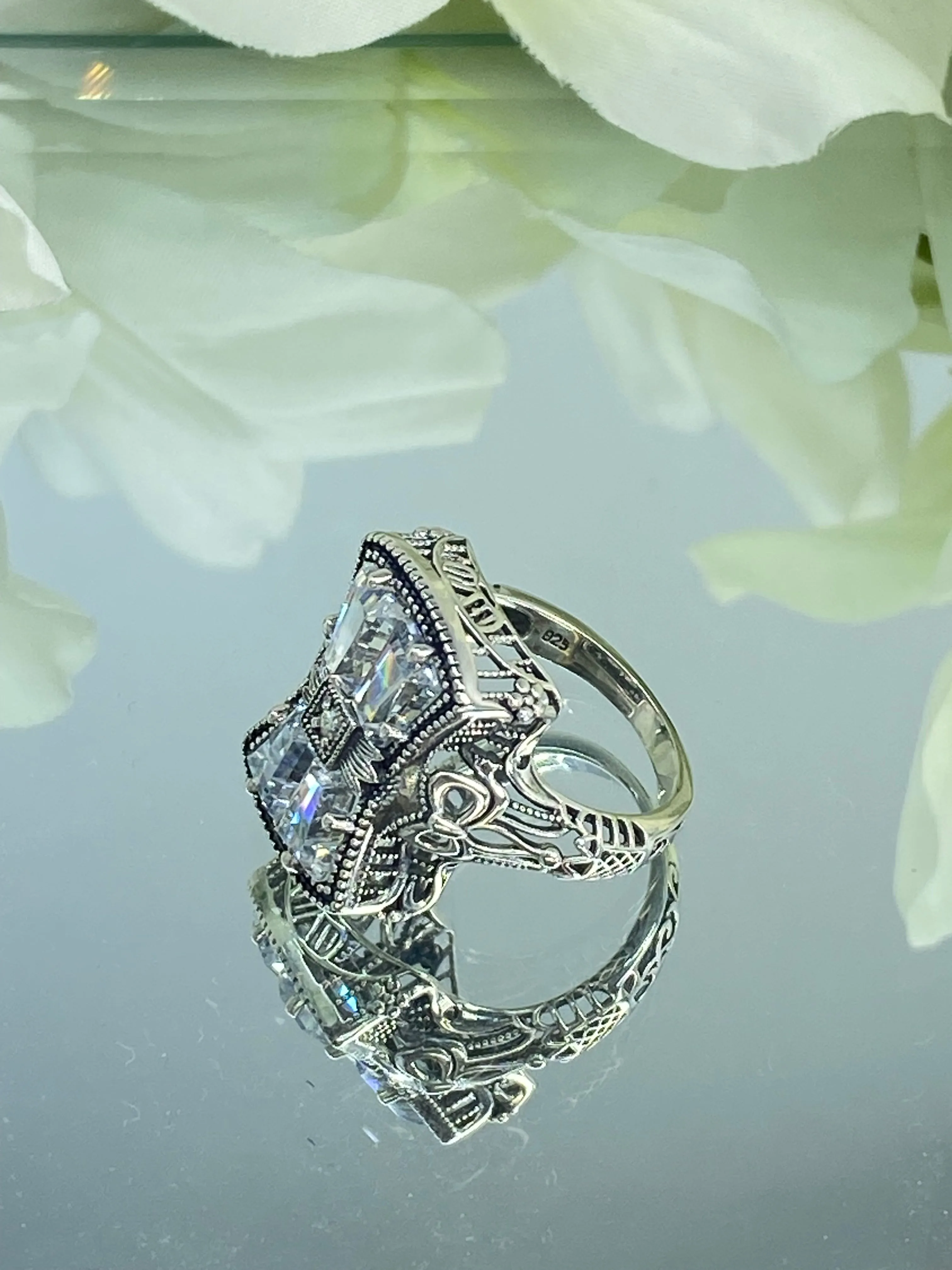 Sparkling White CZ Ring, Size 9, Versailles Sterling Silver Bow, Baguette CZ & Moissanite inset Ring, Baroque Jewelry D595 - Ready to Ship