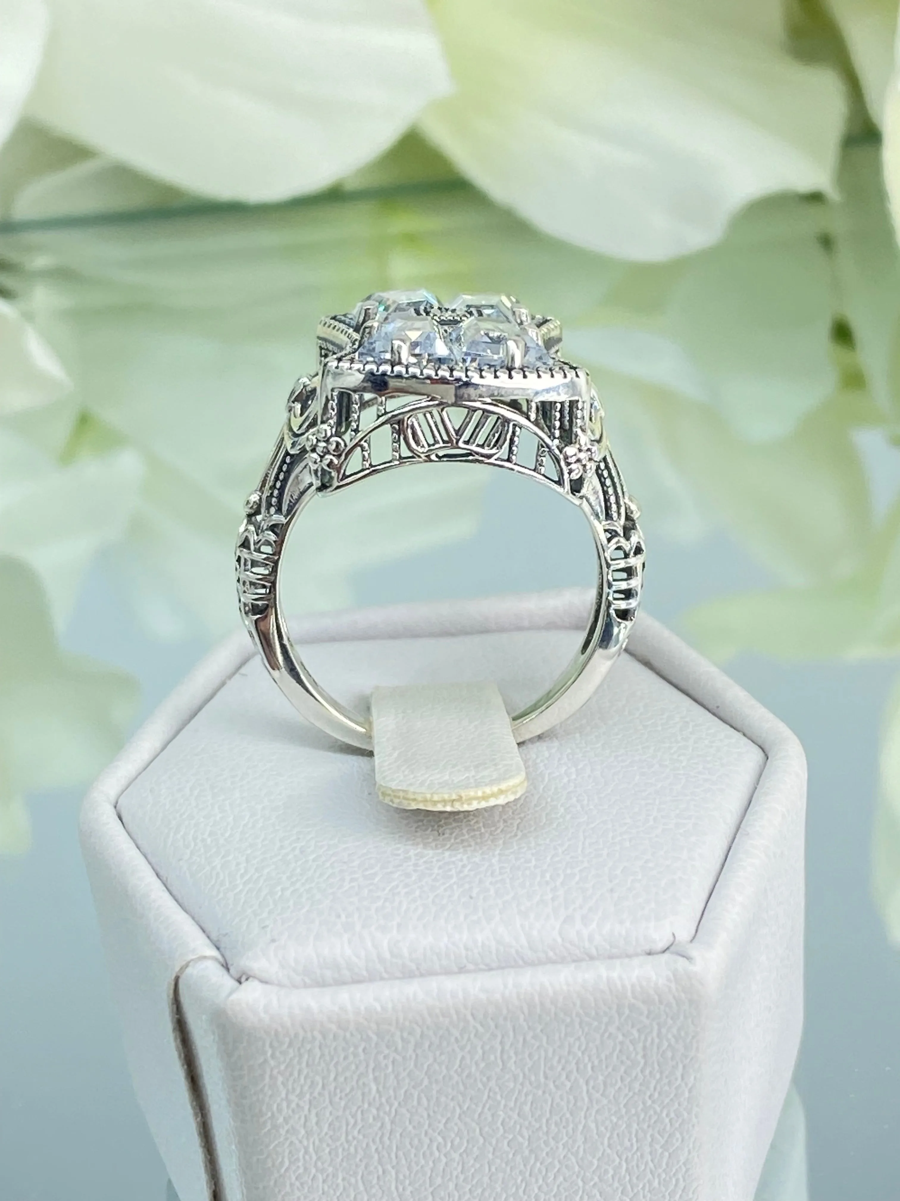 Sparkling White CZ Ring, Size 9, Versailles Sterling Silver Bow, Baguette CZ & Moissanite inset Ring, Baroque Jewelry D595 - Ready to Ship