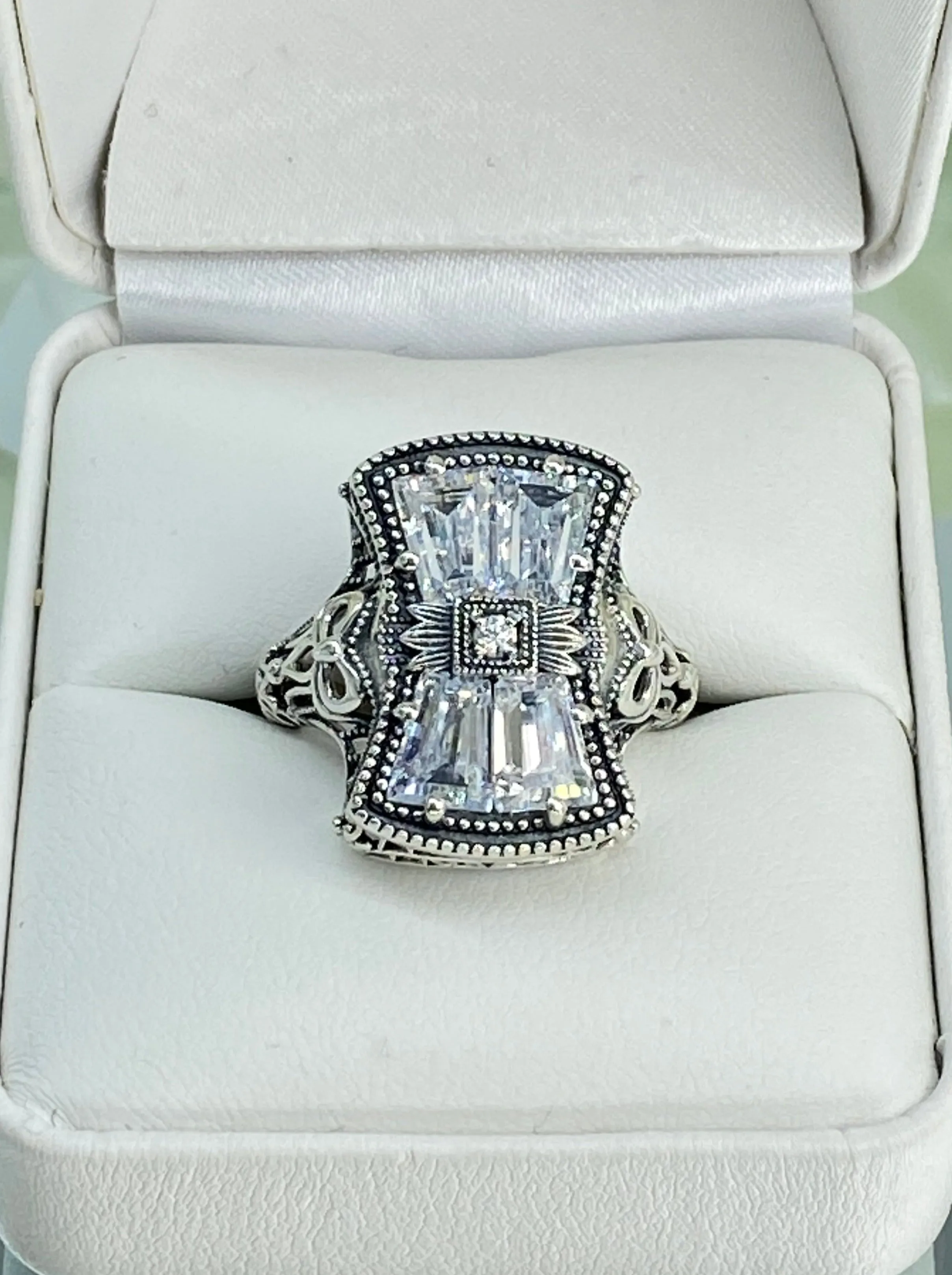 Sparkling White CZ Ring, Size 9, Versailles Sterling Silver Bow, Baguette CZ & Moissanite inset Ring, Baroque Jewelry D595 - Ready to Ship