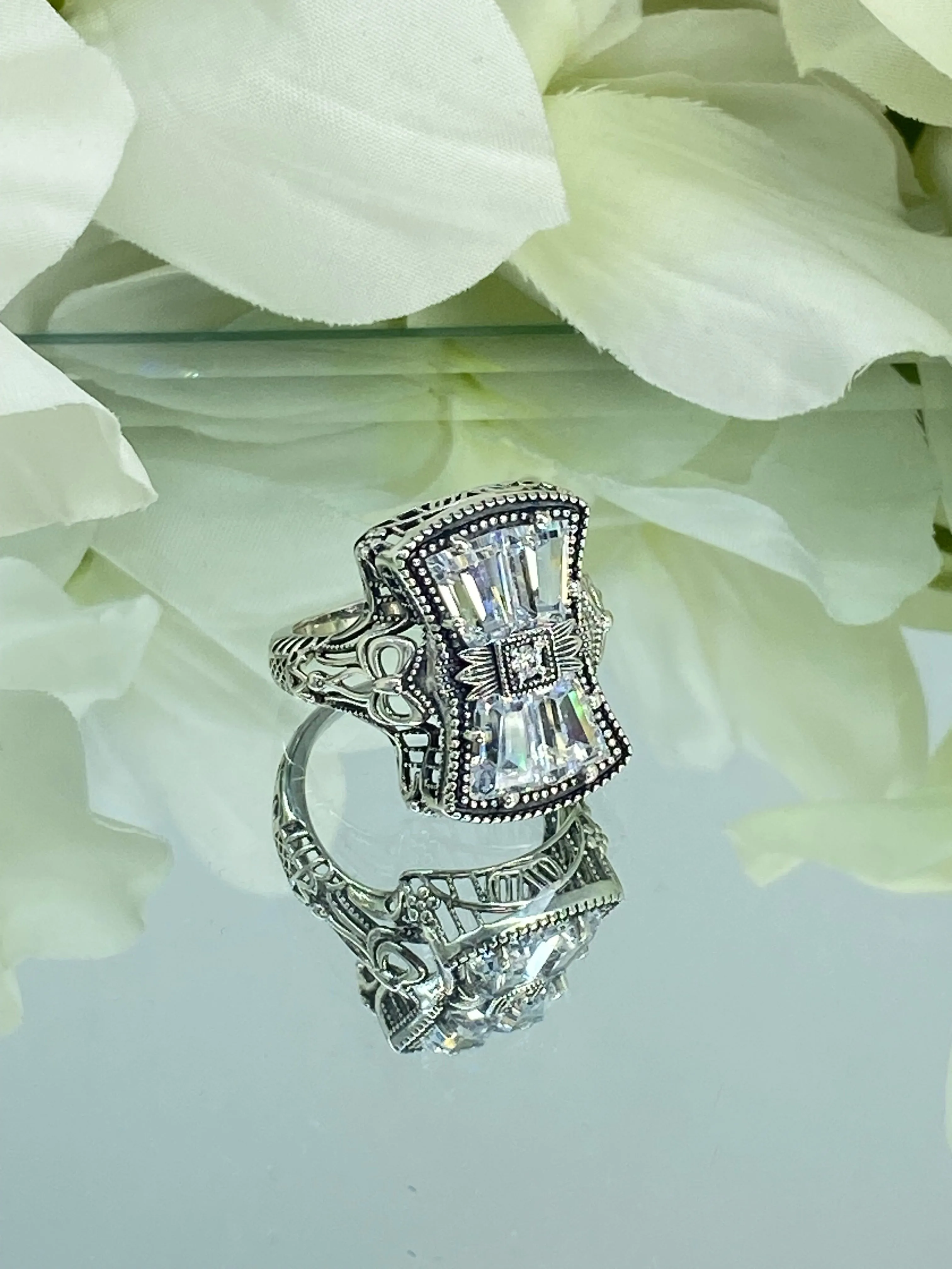 Sparkling White CZ Ring, Size 9, Versailles Sterling Silver Bow, Baguette CZ & Moissanite inset Ring, Baroque Jewelry D595 - Ready to Ship