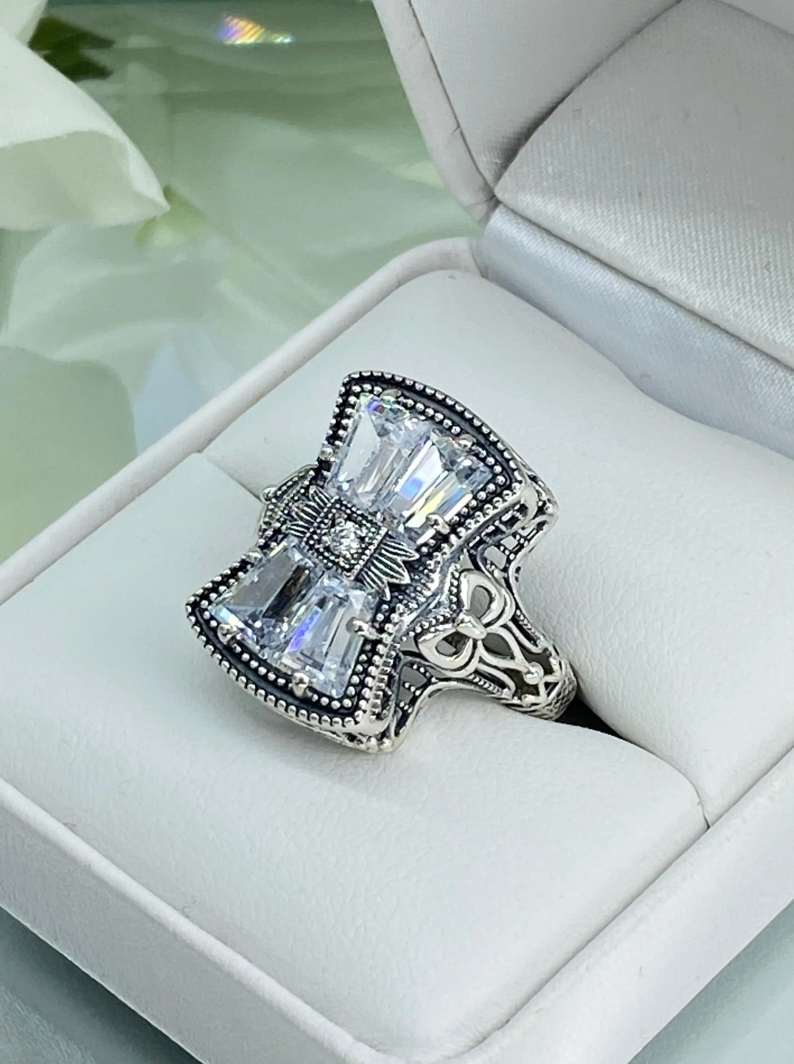 Sparkling White CZ Ring, Size 9, Versailles Sterling Silver Bow, Baguette CZ & Moissanite inset Ring, Baroque Jewelry D595 - Ready to Ship