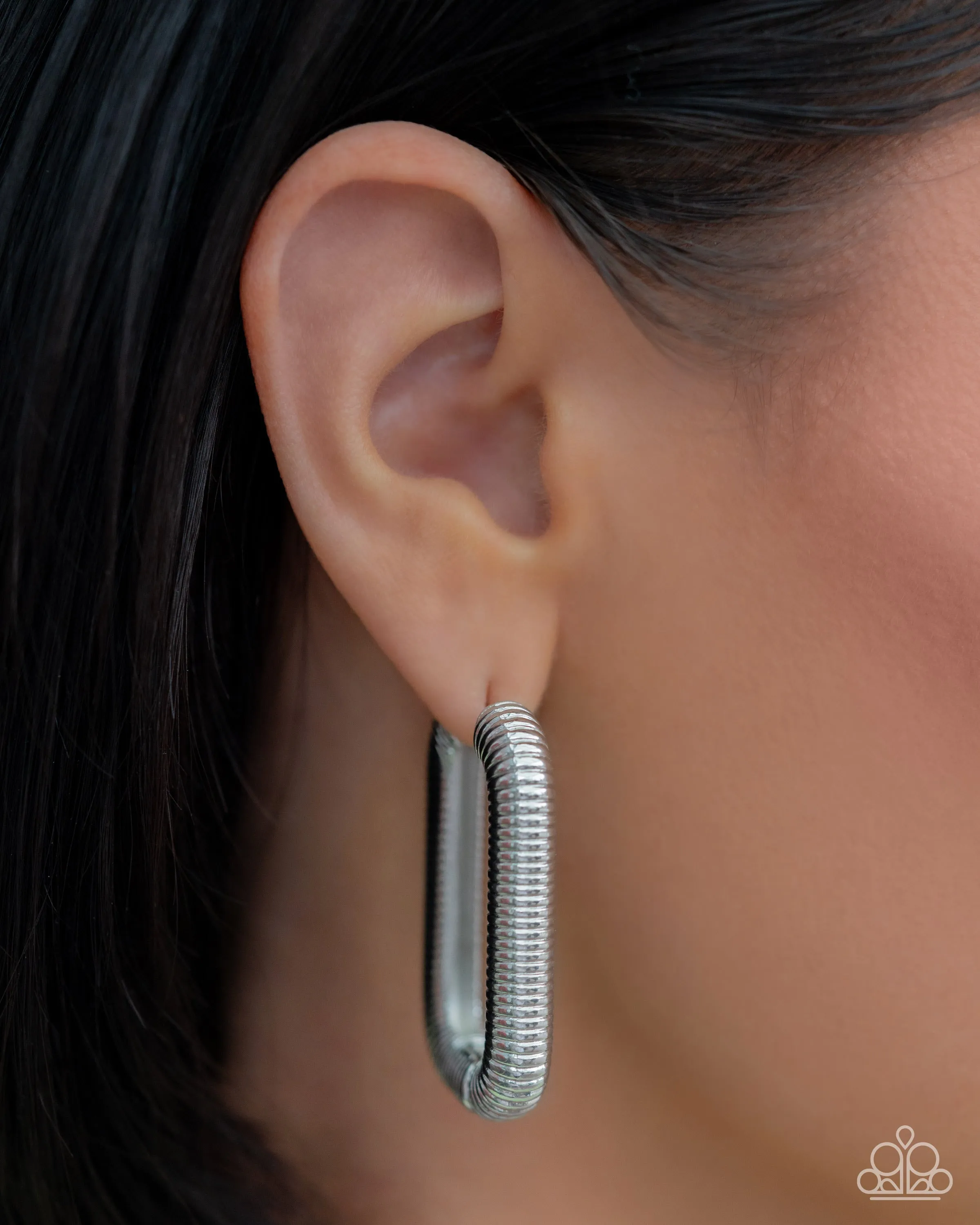 Spiral Supply - Silver - Textured Rectangular Paparazzi Hoop Earrings - 2024 Dare to Dream Convention Exclusive