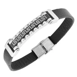 Stainless Steel Black Leather Greek Key Silver-Tone Men's Bracelet