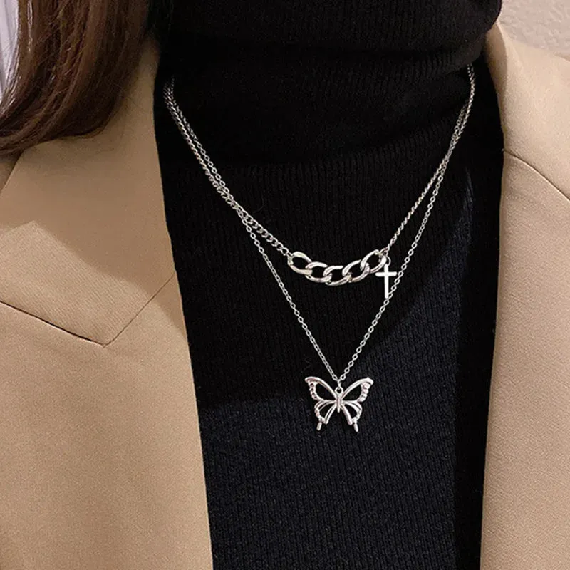 Stainless Steel Choker Layered Necklace Women Punk Trendy Dainty Chain Statement Pendant Hip Hop Jewelry