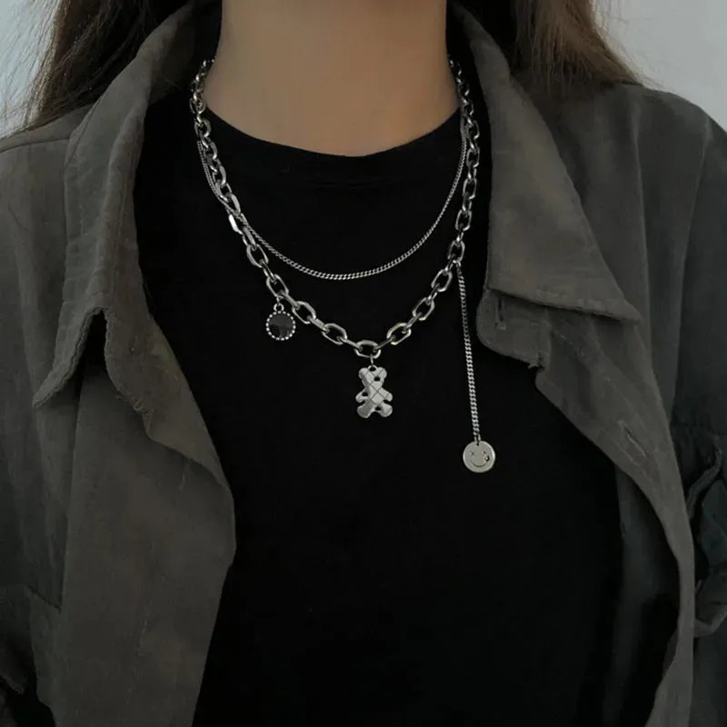 Stainless Steel Choker Layered Necklace Women Punk Trendy Dainty Chain Statement Pendant Hip Hop Jewelry