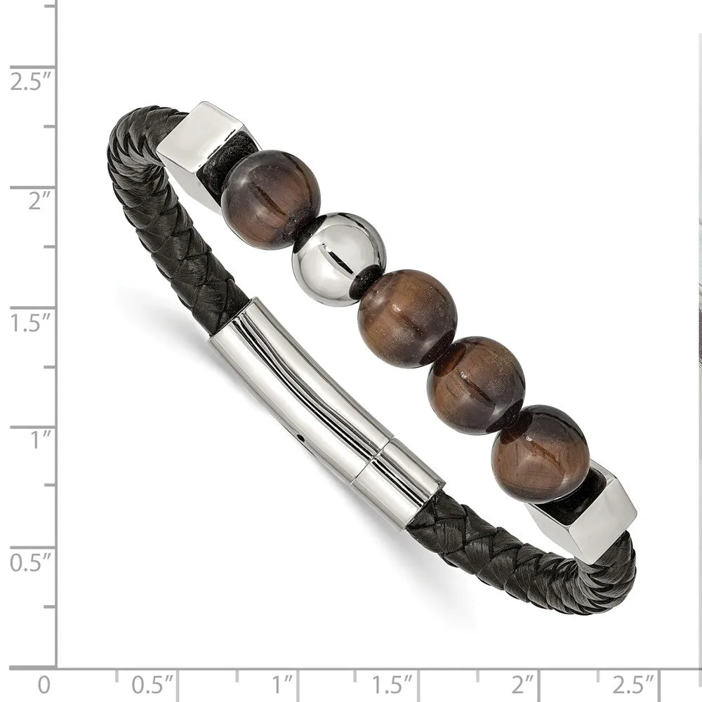 Stainless Steel Polished w/Tiger's Eye Beads Black Leather 8in Bracelet
