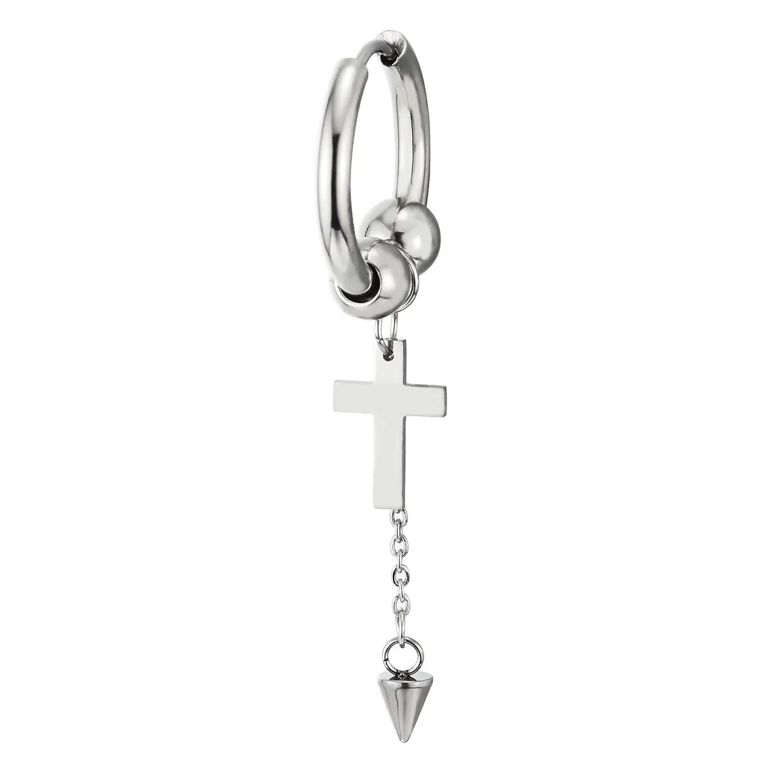 Steel Huggie Hinged Hoop Earrings with Beads and Dangling Long Chain of Spiked Cone and Cross 2 pcs