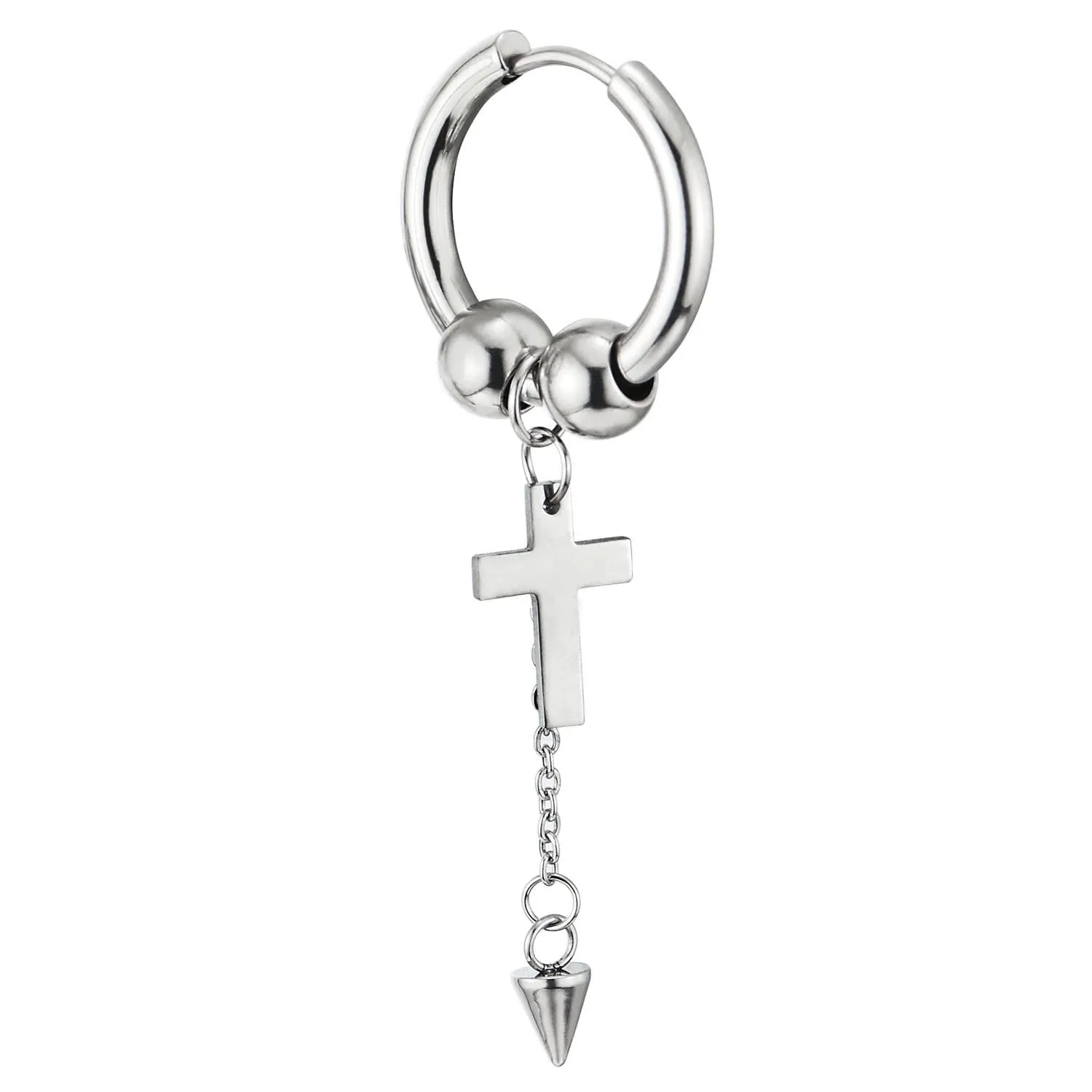 Steel Huggie Hinged Hoop Earrings with Beads and Dangling Long Chain of Spiked Cone and Cross 2 pcs