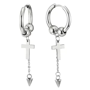 Steel Huggie Hinged Hoop Earrings with Beads and Dangling Long Chain of Spiked Cone and Cross 2 pcs