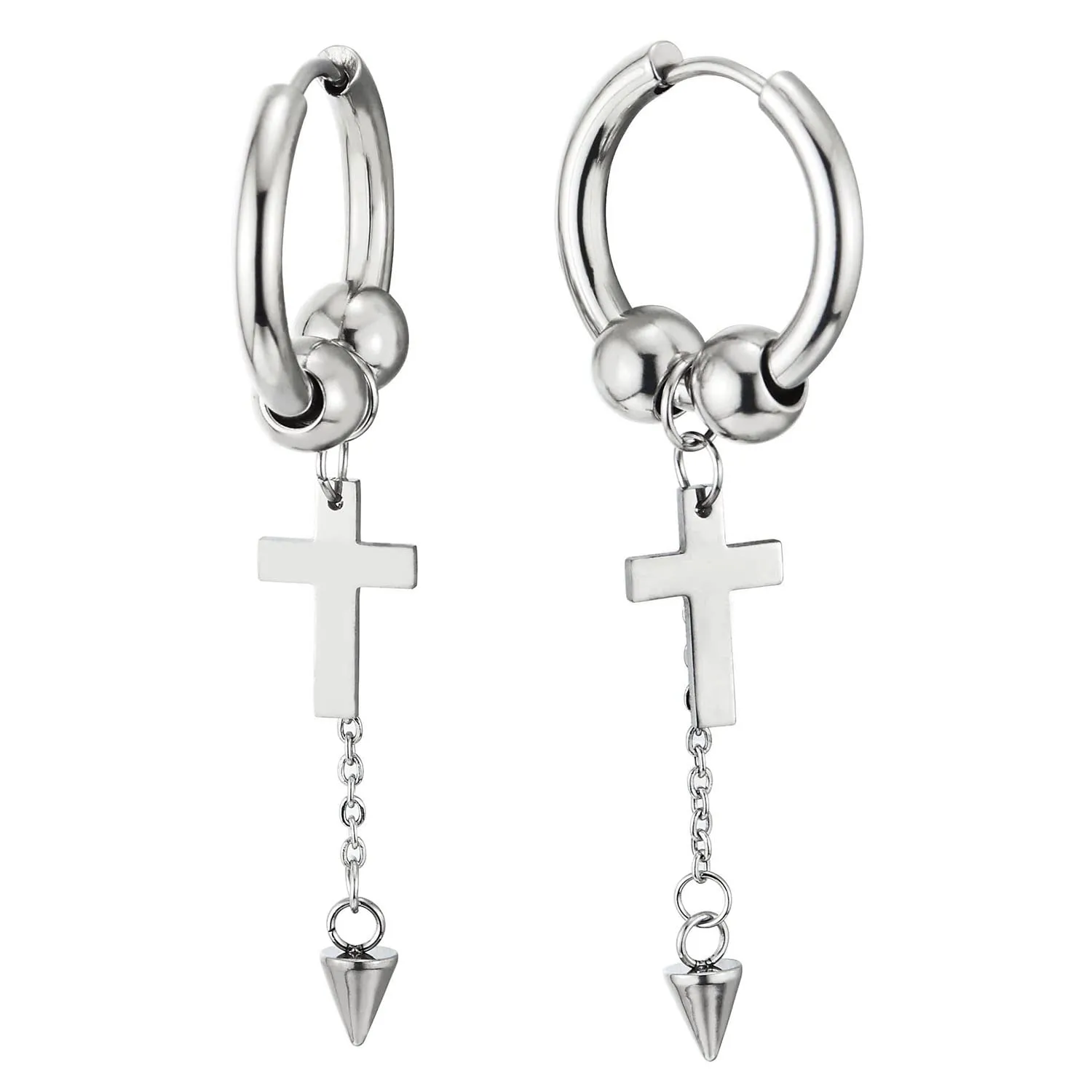 Steel Huggie Hinged Hoop Earrings with Beads and Dangling Long Chain of Spiked Cone and Cross 2 pcs