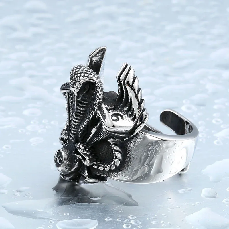 Steel soldier retro snake biker ring stainless steel punk personality motor cycle men adjustable jewelry