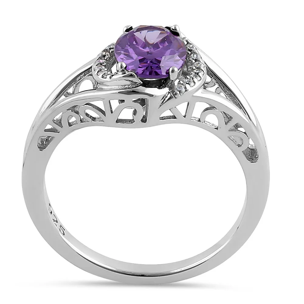 Sterling Silver Filigree Amethyst Oval Halo with Clear CZ Ring