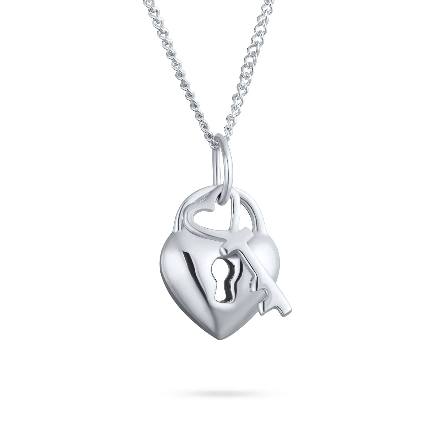 Sterling Silver Love Lock & Key Heart Pendant Necklace 16 Inch 2 Charms