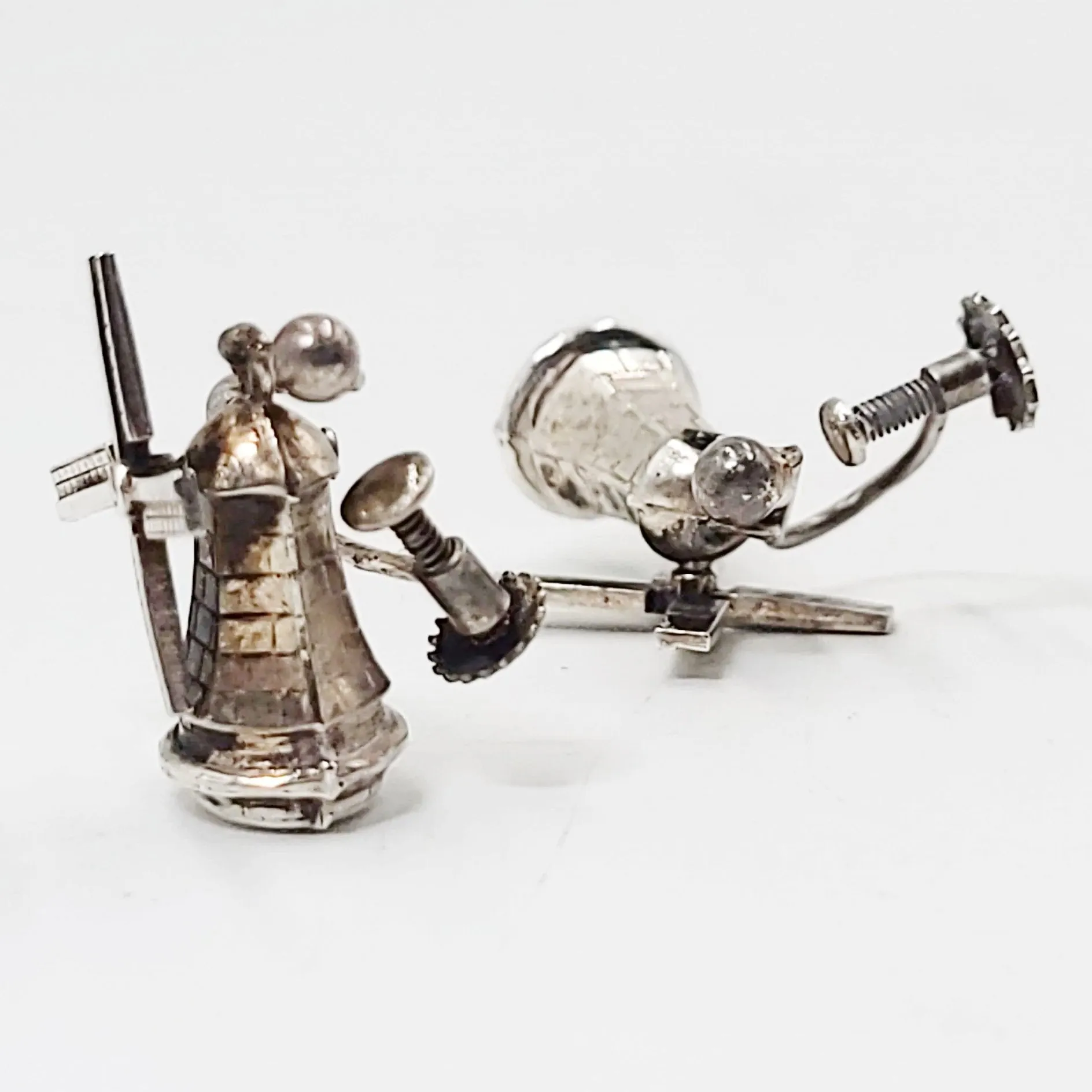 Sterling Silver Windmill Earrings Hinge Clip-On, 3D, Movable
